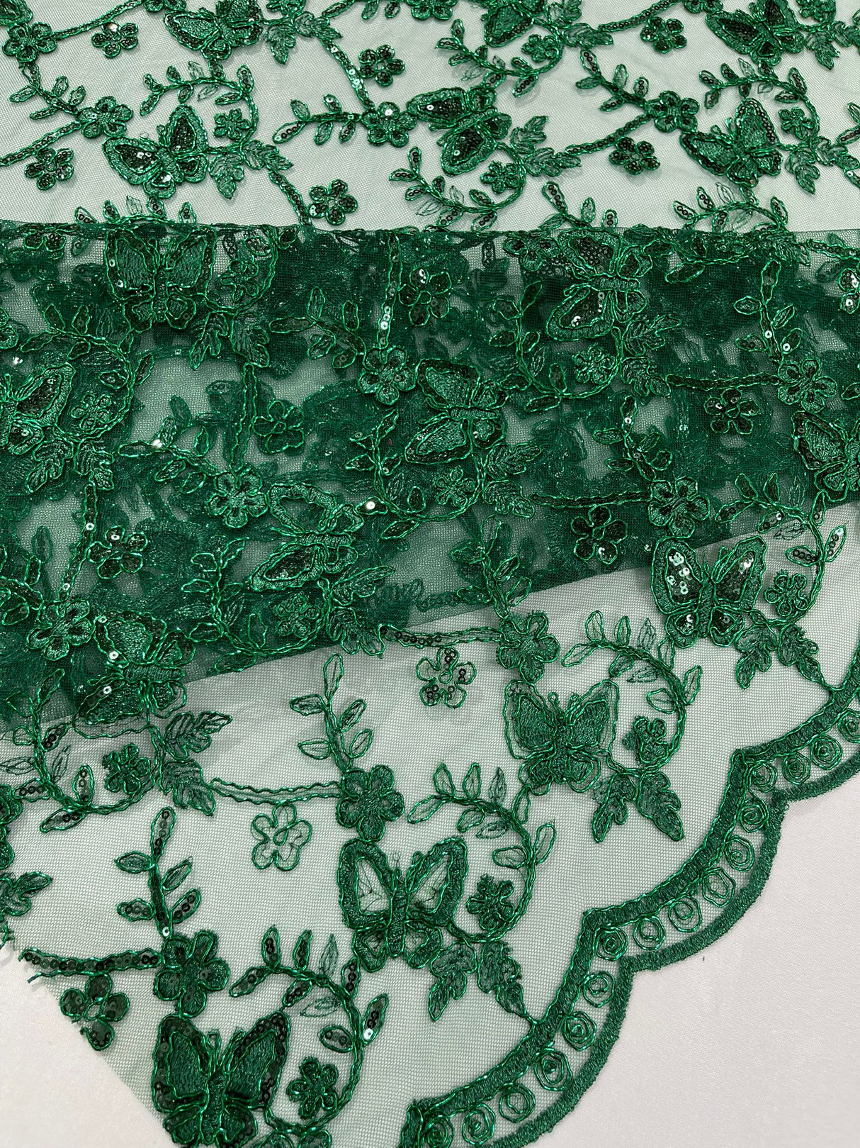 Corded Lace Butterfly Design Polyester Fabric - Butterfly Embroidered Sequin Mesh Lace, 50-54" Width (1 Yard)