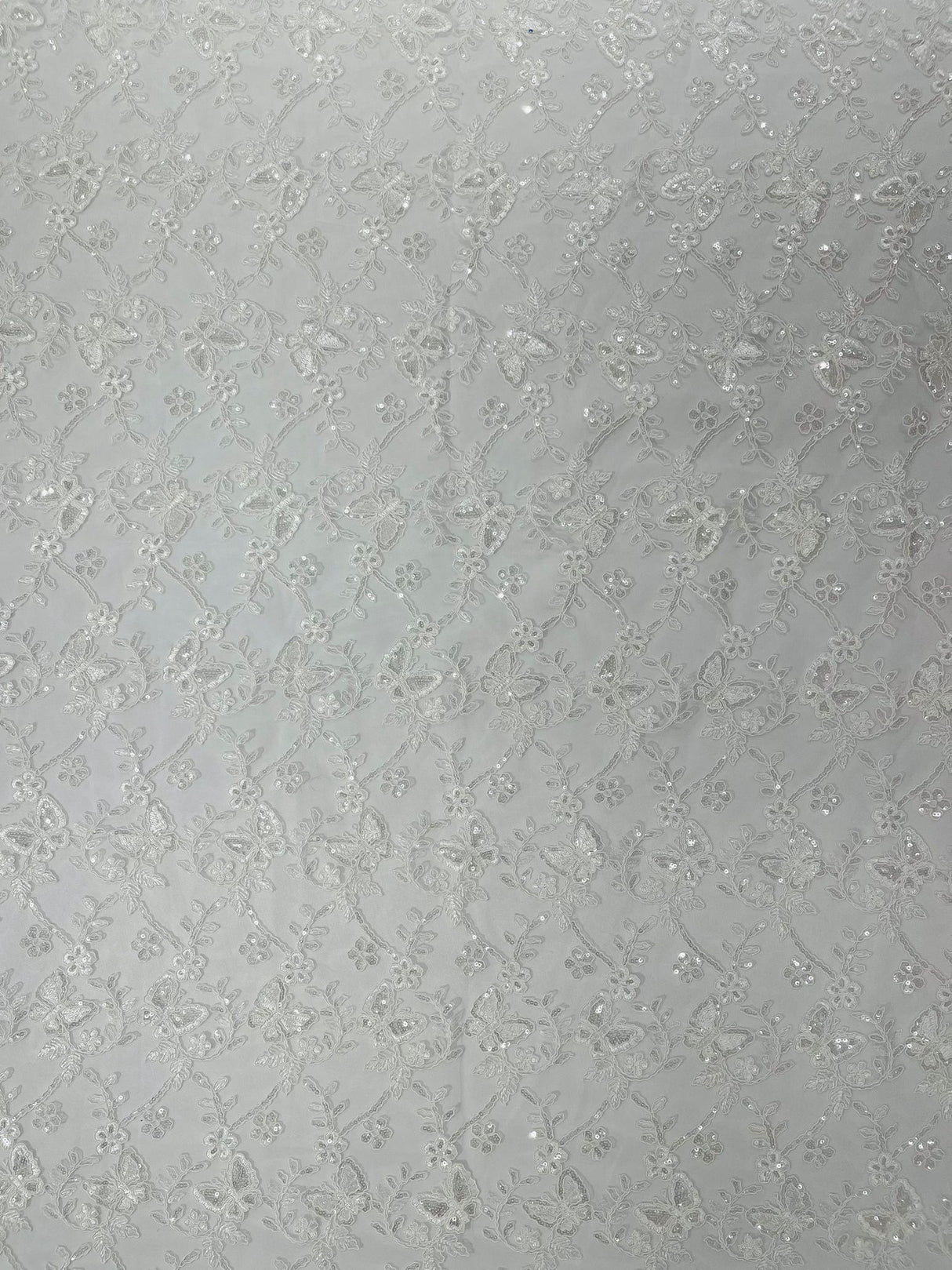 Corded Lace Butterfly Design Polyester Fabric - Butterfly Embroidered Sequin Mesh Lace, 50-54" Width (1 Yard)