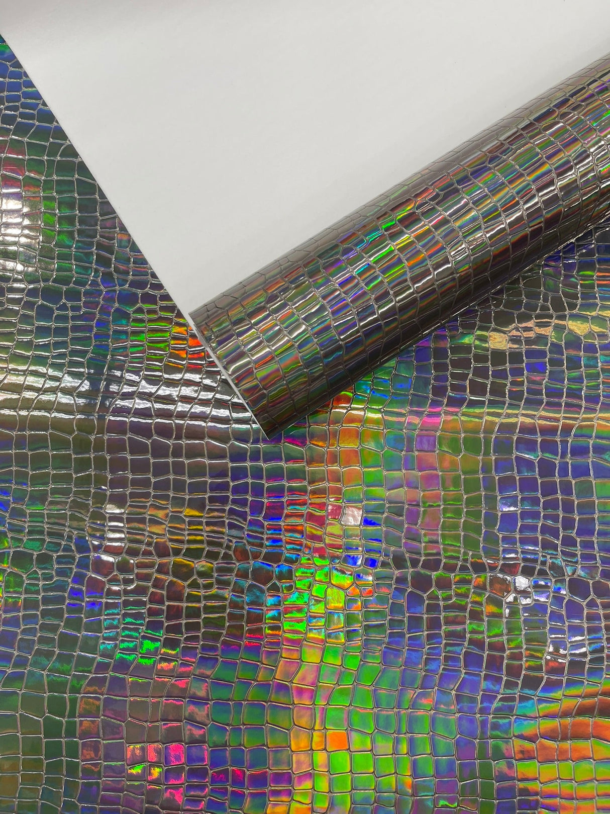 Crocodile Embossed PVC Holographic Vinyl Fabric - Gold, Pink, Red, Silver, Steel Lead, Turquoise, Crocodile Embossed, 54" Width (1 Yard)