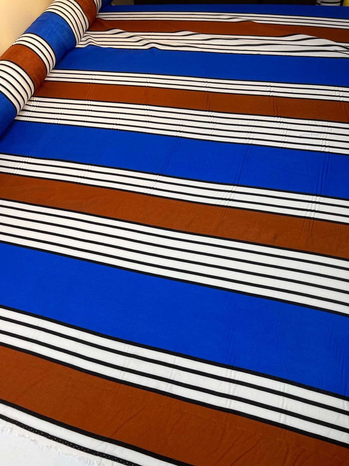Viscose Woven Printed Brown Blue Stripe