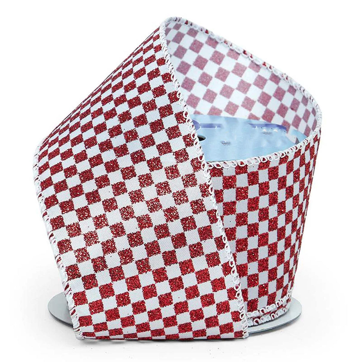 Glitter Mini Checker Pattern On Wired Ribbon 2 1/2 '' X 10 yd Red / White Color 1 / roll