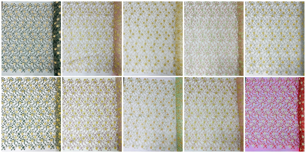 Daisy Multi Color Gold Metallic Floral Design Embroidered On A Red Mesh Lace Fabric - Red Mesh Lace, Gold Metallic Floral Design, 50" Width (1 Yard)