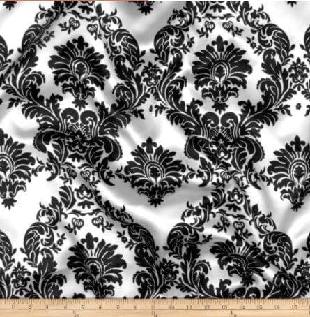 Damask Satin Charmeuse Polyester Fabric - White Black Damask, 58/60" Width
