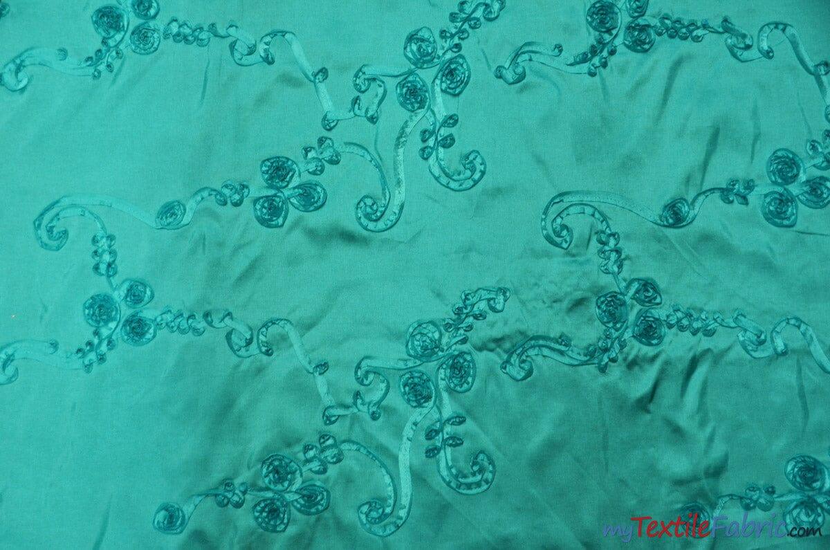 Ribbon Taffeta Polyester Fabric - Embroidered Ribbon Cord, Multiple Colors, 54" Width (1 Yard)