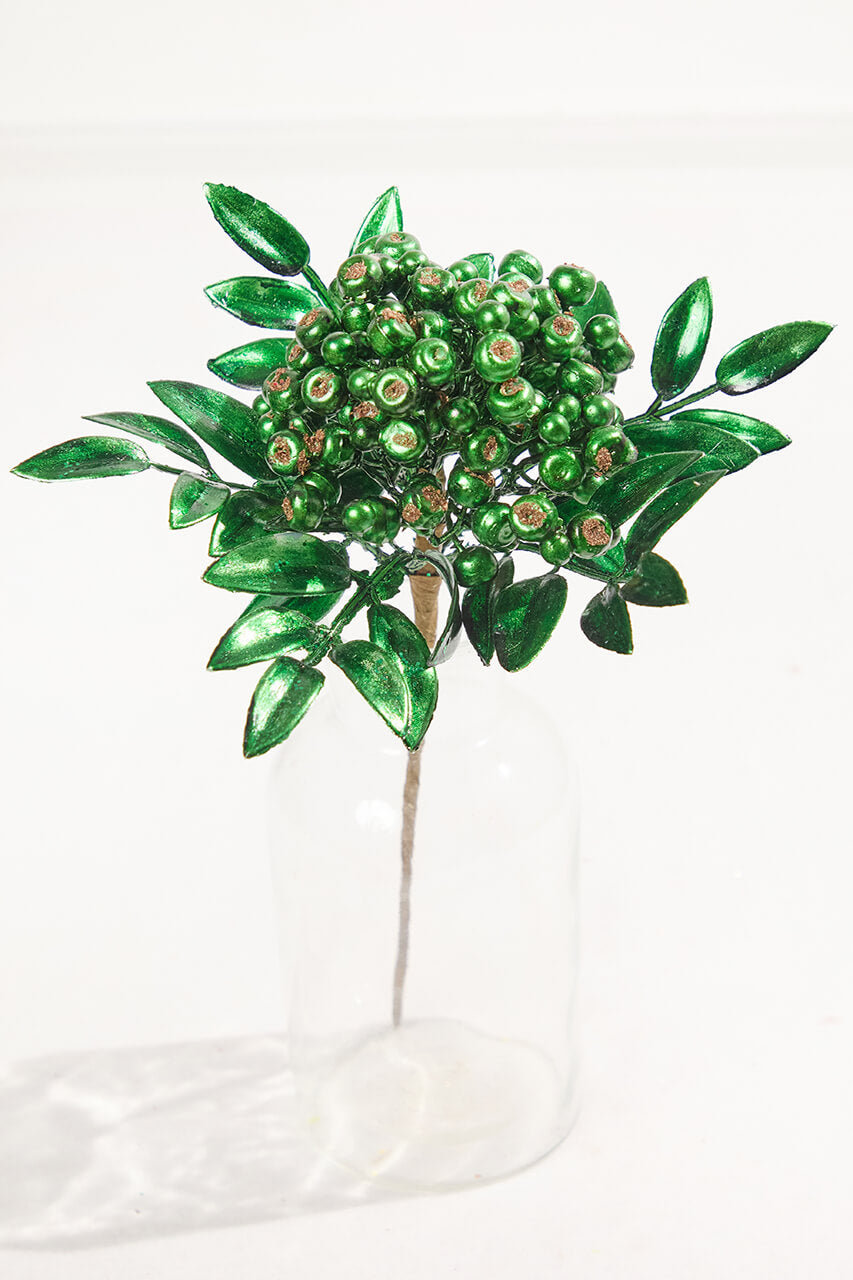 14" Dark Green Berry Bunch Metallic Stem