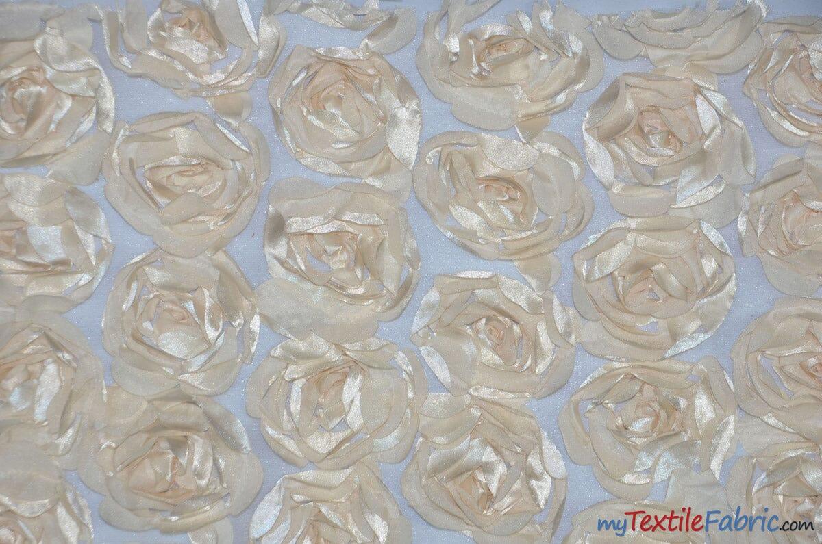 Rosette Satin Bordeaux Polyester Fabric - 3D Floral Satin Embroidered On A Mesh, Bordeaux, 52" Width (1 Yard)