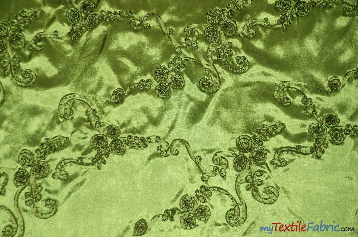 Ribbon Taffeta Polyester Fabric - Embroidered Ribbon Cord, Multiple Colors, 54" Width (1 Yard)
