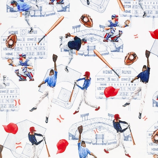 Cuddle Fabric Navy Batter Up Baseball Print 58-60"