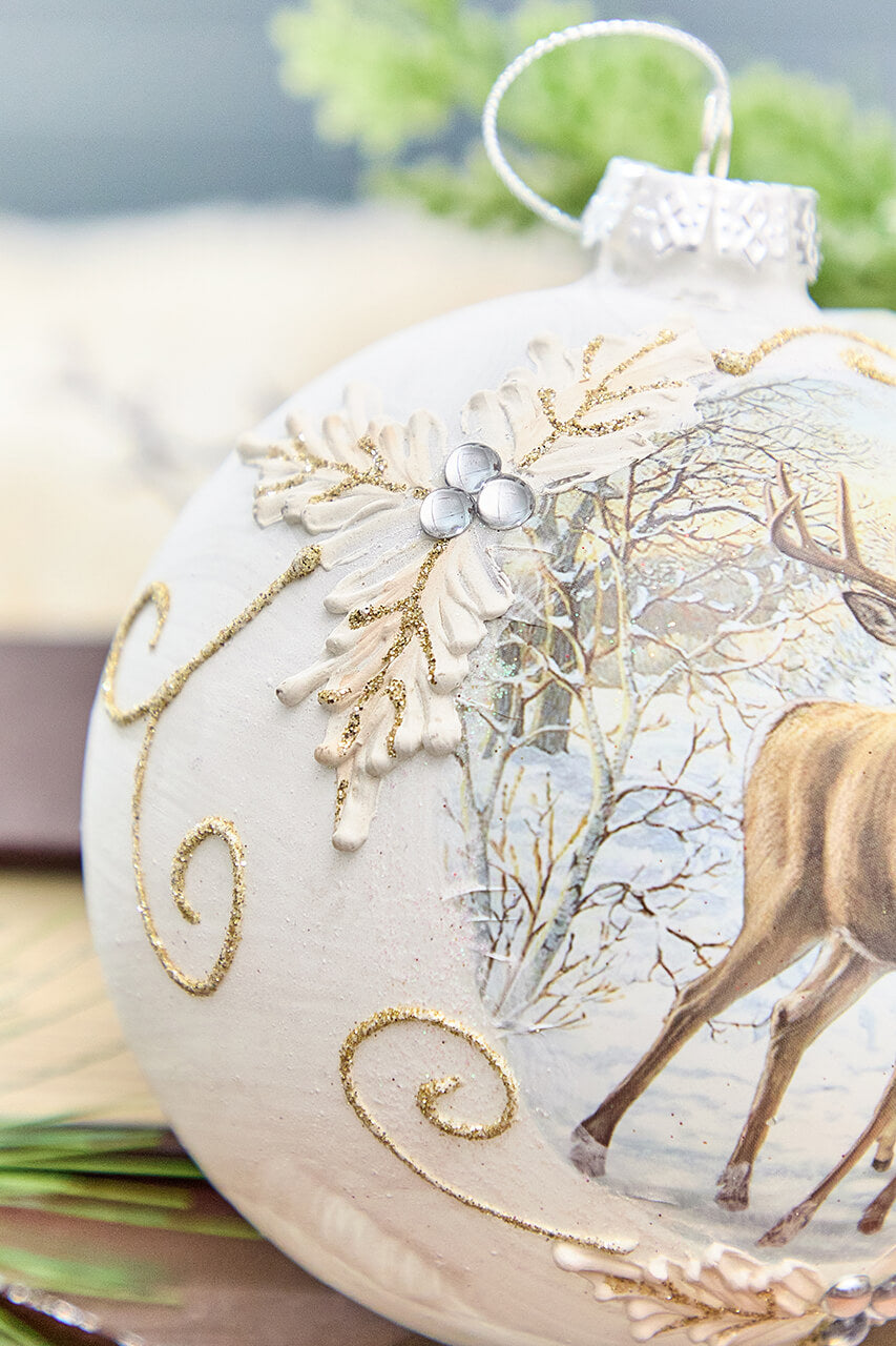 5” Glass Deer with Holly Scroll Ball Ornament