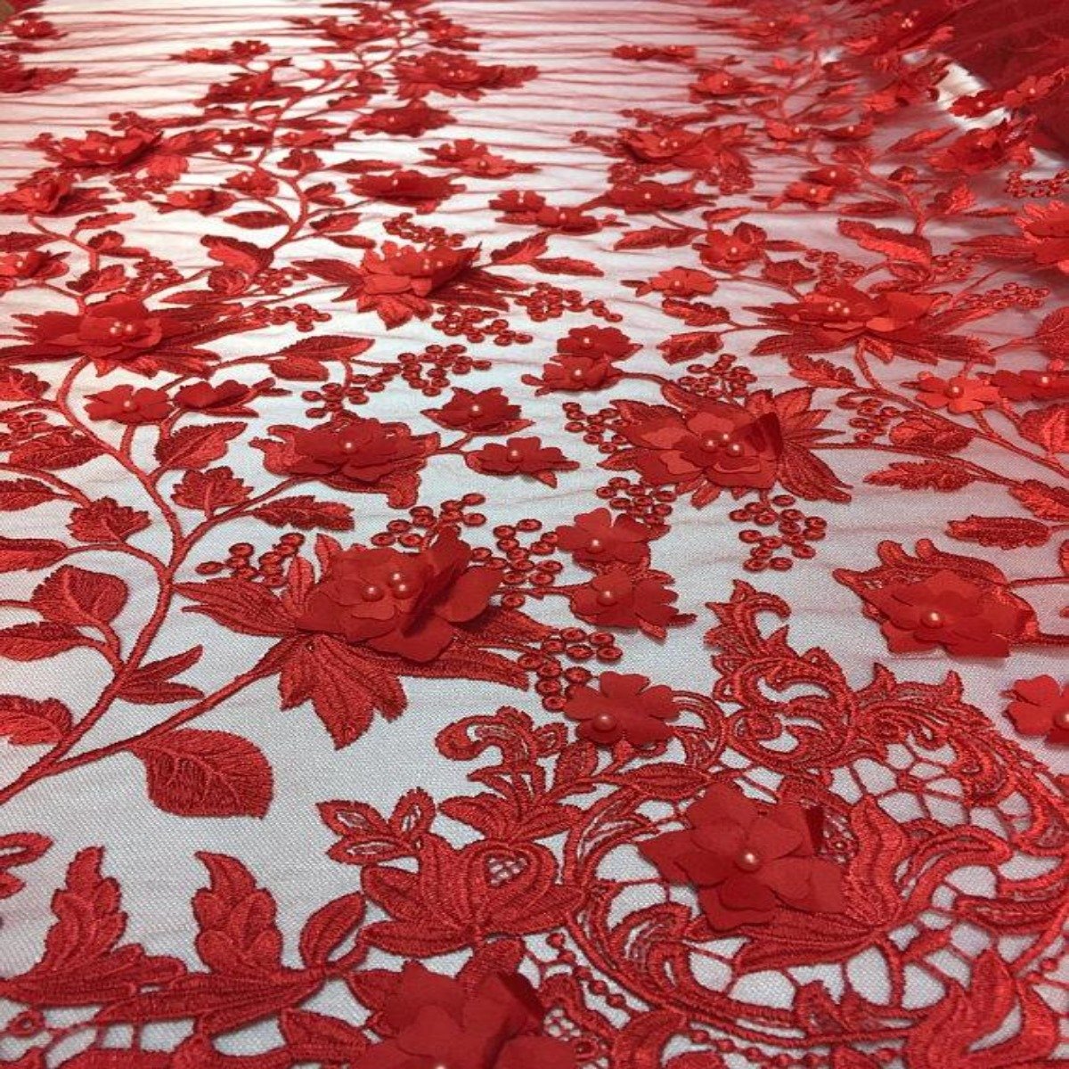 3D Embroidered Satin Floral Pearl Lace Fabric - 100 Percent Polyester Fabric, Floral Pearl Embroidery, 52" Width, 12" Panel (1 Yard)