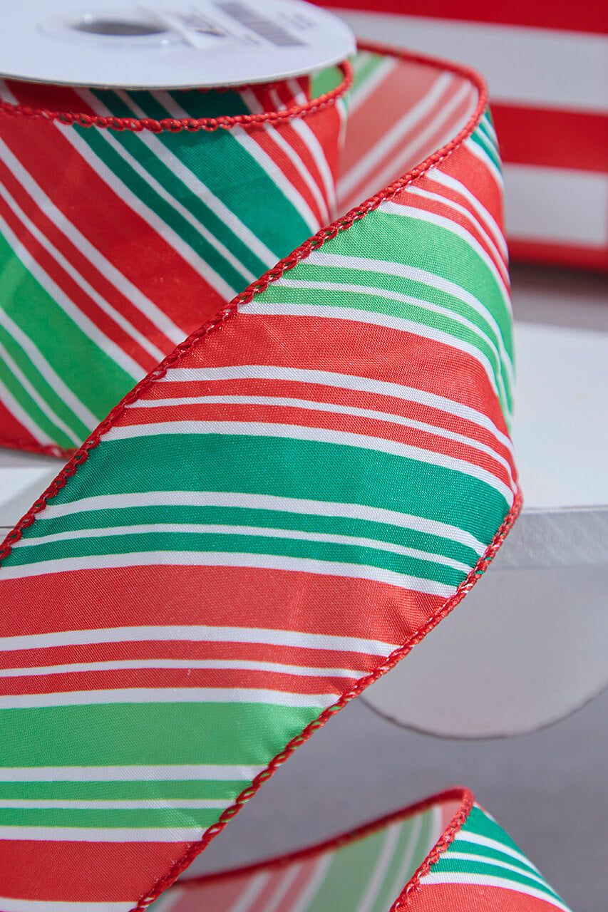 2.5" x 10 Yard Red/Green Diagonal Stripe Wired Ribbon