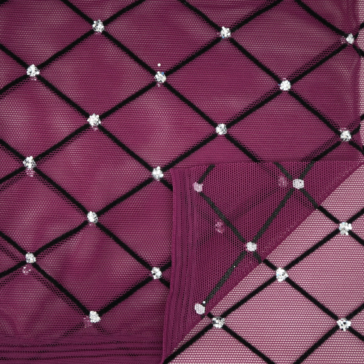 Diamonds Flocked Stretch Mesh Nylon Spandex Fabric - Black, Red, White, Skin, Burgundy, Kelly, Navy Diamond Flocked Mesh, 58/60" Cut Width, 54" Usable Width (1 Yard)