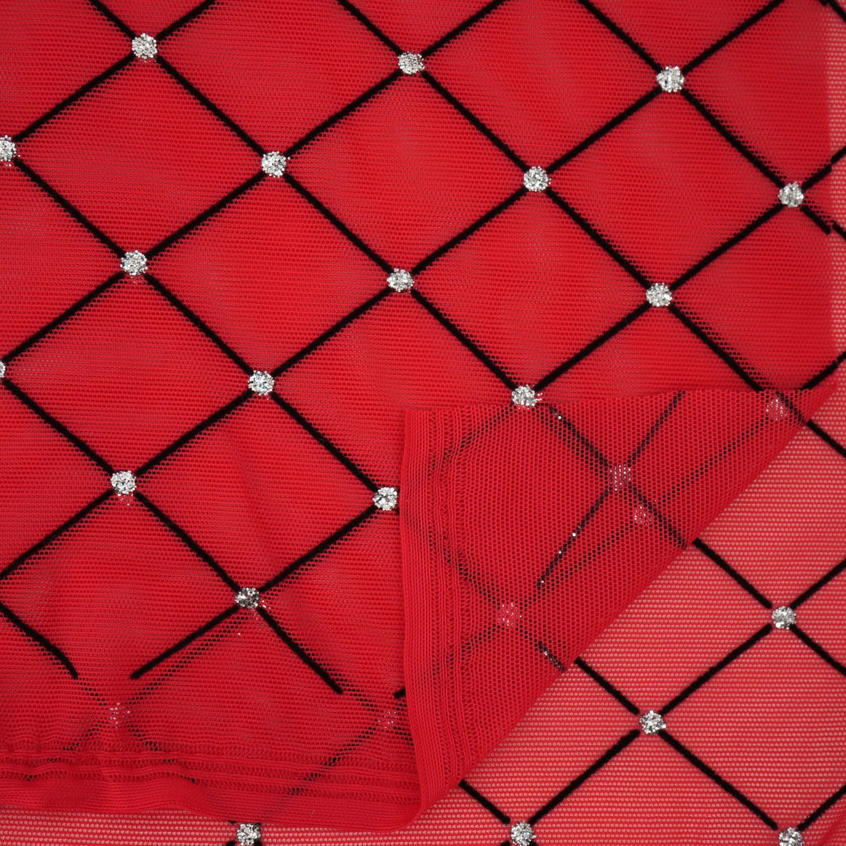 Diamonds Flocked Stretch Mesh Nylon Spandex Fabric - Black, Red, White, Skin, Burgundy, Kelly, Navy Diamond Flocked Mesh, 58/60" Cut Width, 54" Usable Width (1 Yard)