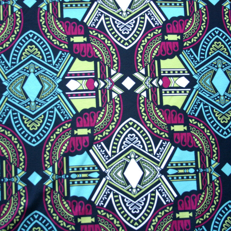 Nylon Lycra Swim Knit Dark Magenta Seafoam Chartreuse Aztec on Charcoal Black