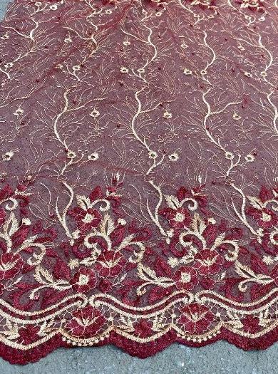 Burgundy Embroidered Glitter Floral Scalloped Lace