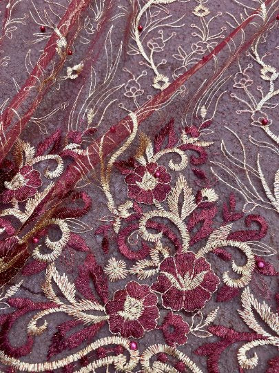 Burgundy Embroidered Glitter Floral Scalloped Lace