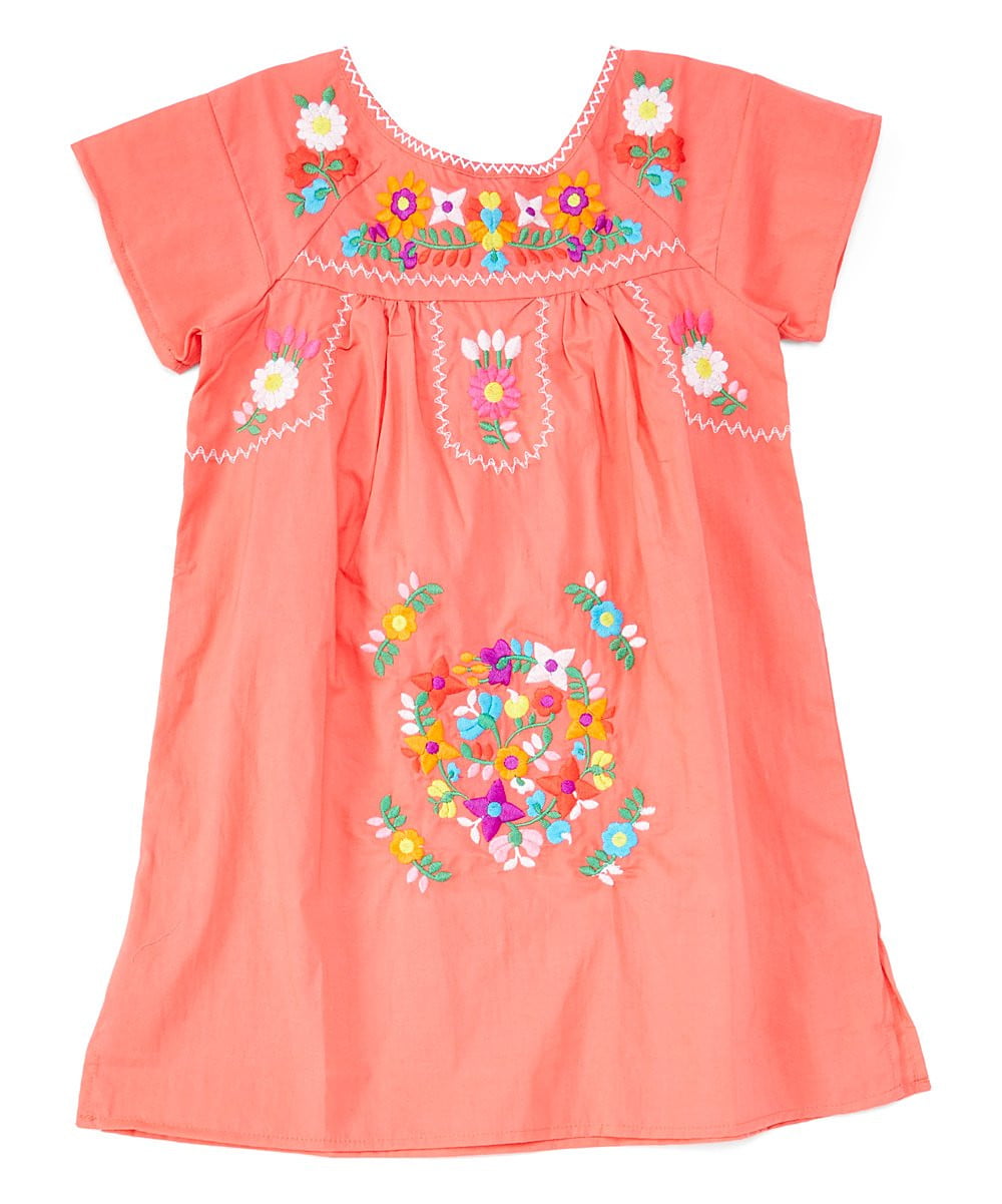 Traditional Mexican Girl Embroidered Dress - 100 Percent Cotton Fabric, Vibrant Embroidery, Knee Length, Multiple Colors, Sizes 2-8