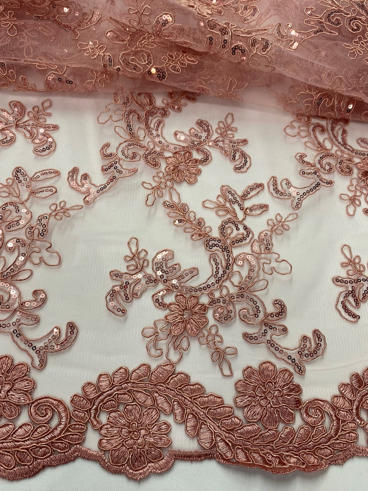 Elena's Lace Polyester Fabric - Dusty Rose Corded Mesh Embroidered With Sequins, Double Scalloped Edge, 54" Width (1 Yard)
