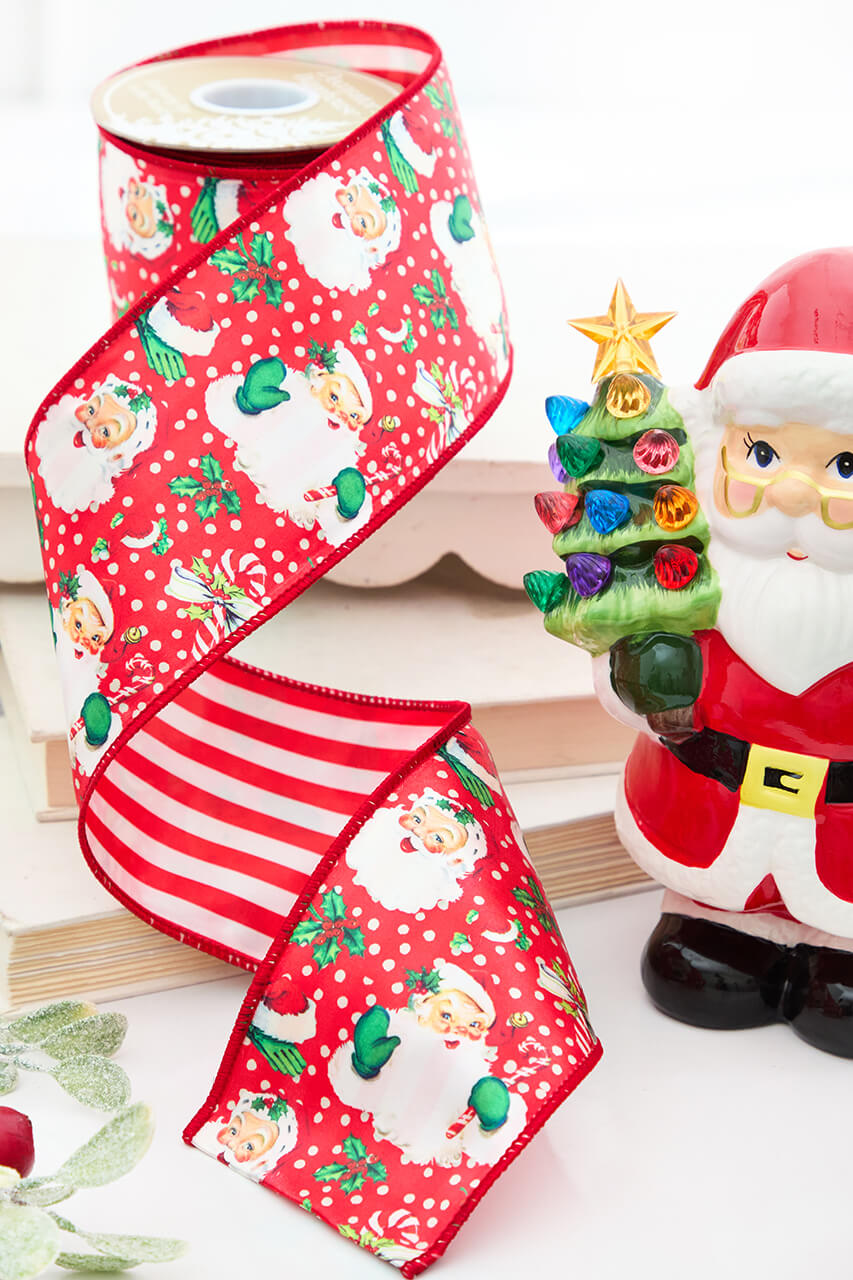 4" x 5 Yard Vintage Santa Double Sided with White and Red Striped Backing Ribbon