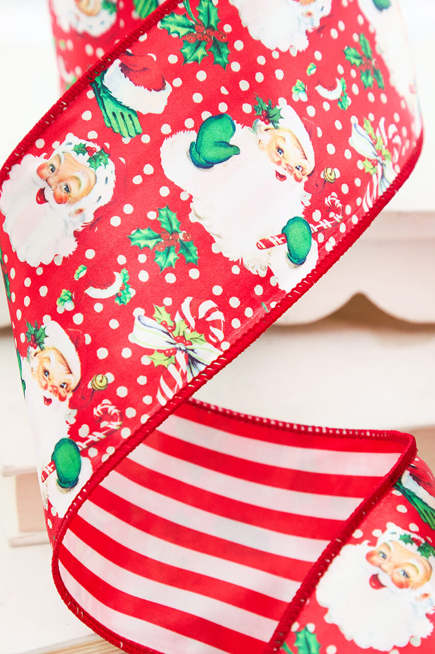 4" x 5 Yard Vintage Santa Double Sided with White and Red Striped Backing Ribbon