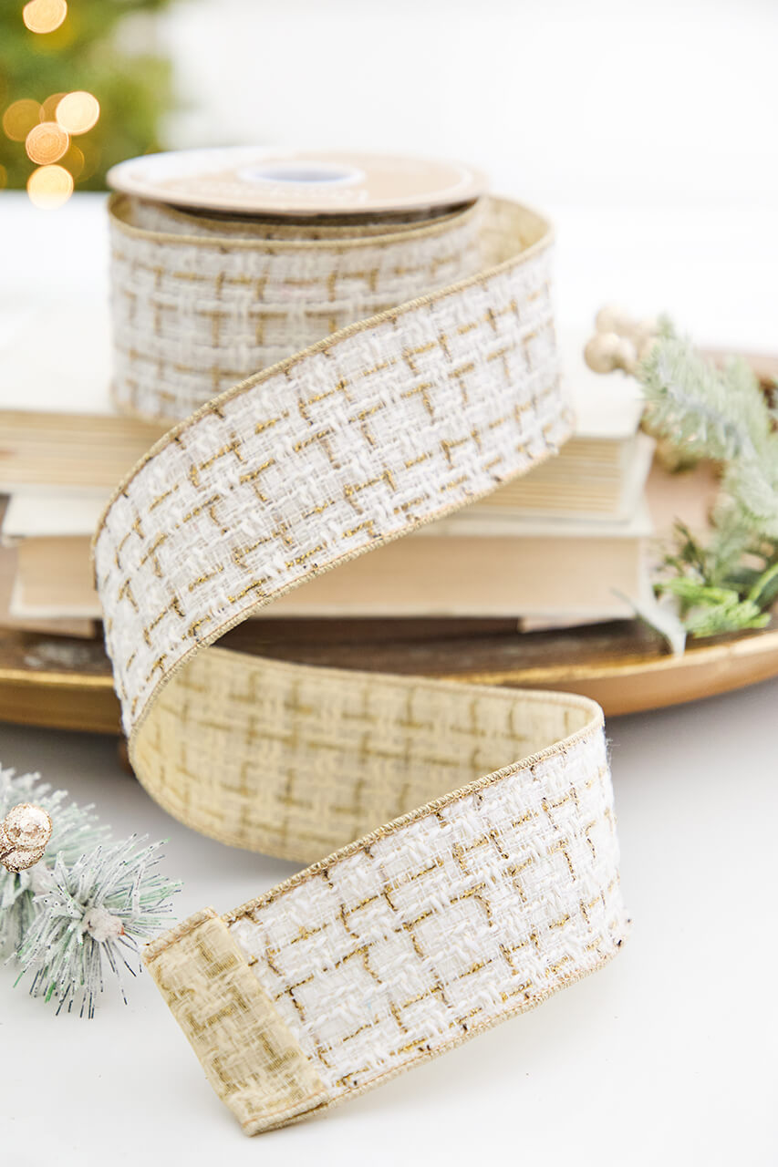 2.5" x 5 Yard Ivory and Gold Jacquard Ribbon