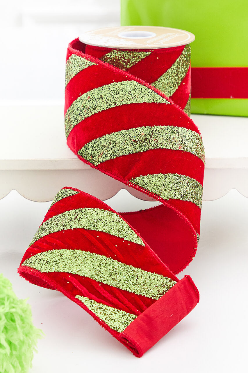 4" x 5 Yard Lime Green Glitter Stripe on Red Velvet Ribbon
