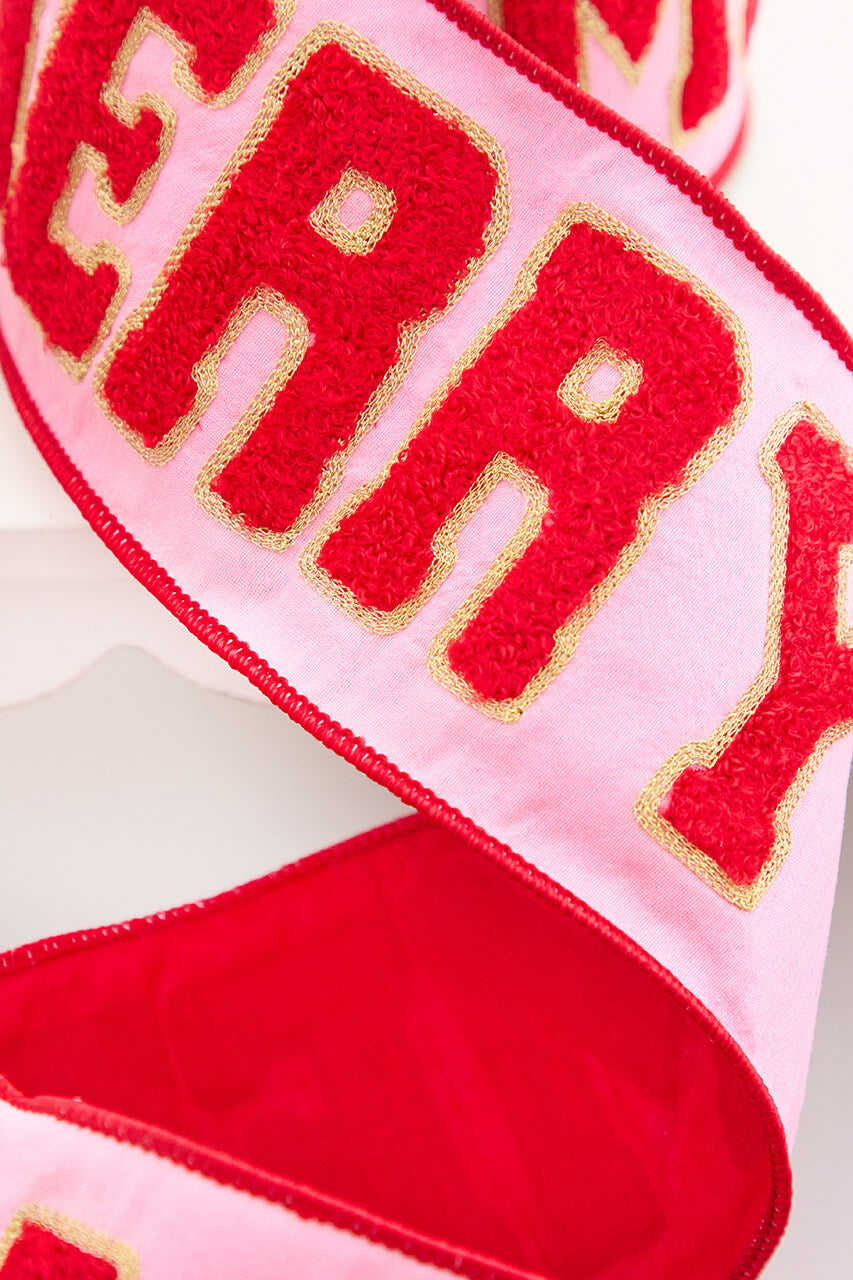4" x 5 Yard "MERRY" Embroidery on Pink Dupioni Ribbon