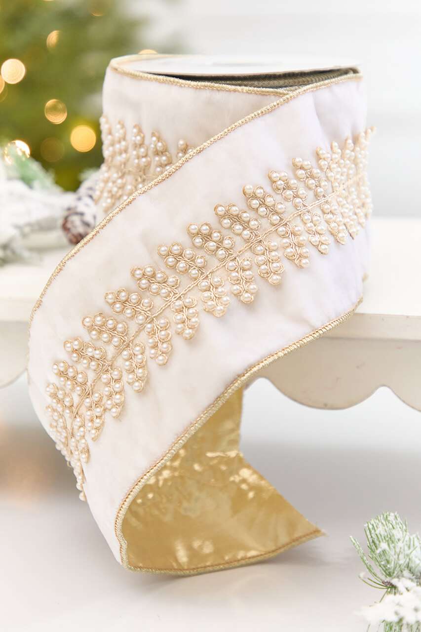 4" x 5 Yard White Velvet with Pearl Trim Embroidery Ribbon