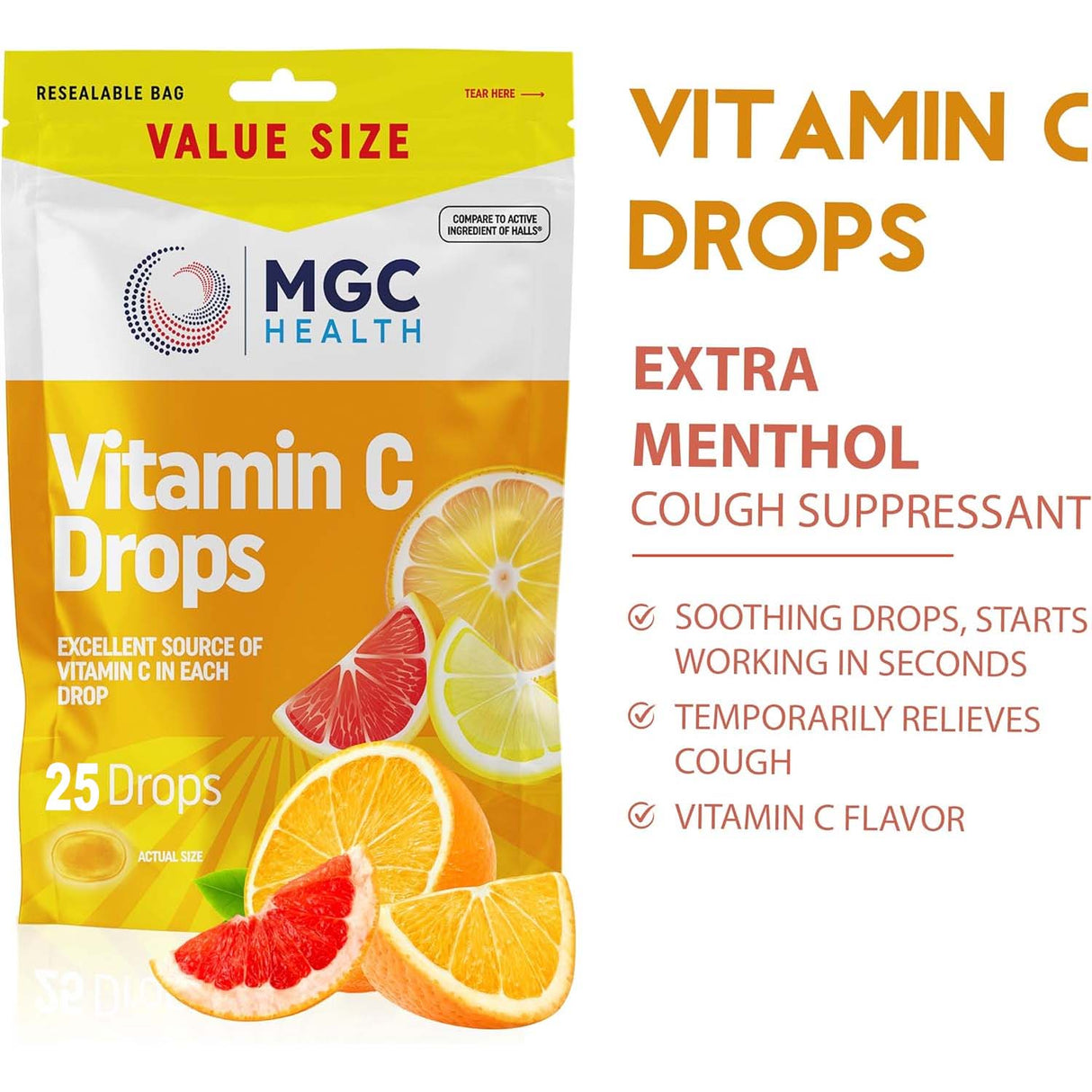 COUGH DROPS 25CT SUGAR FREE VITAMIN C MGC HEALTH