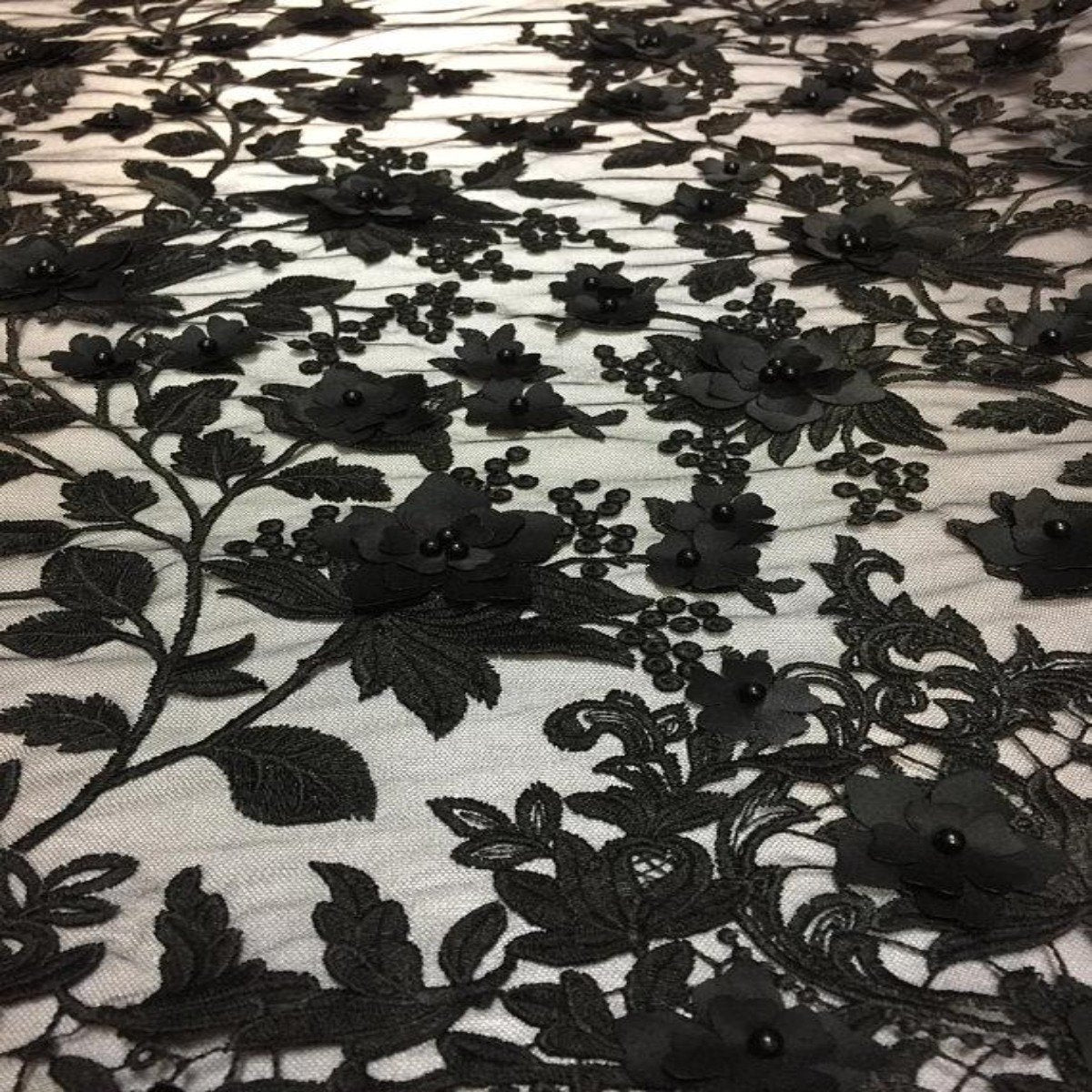 3D Embroidered Satin Floral Pearl Lace Fabric - 100 Percent Polyester Fabric, Floral Pearl Embroidery, 52" Width, 12" Panel (1 Yard)