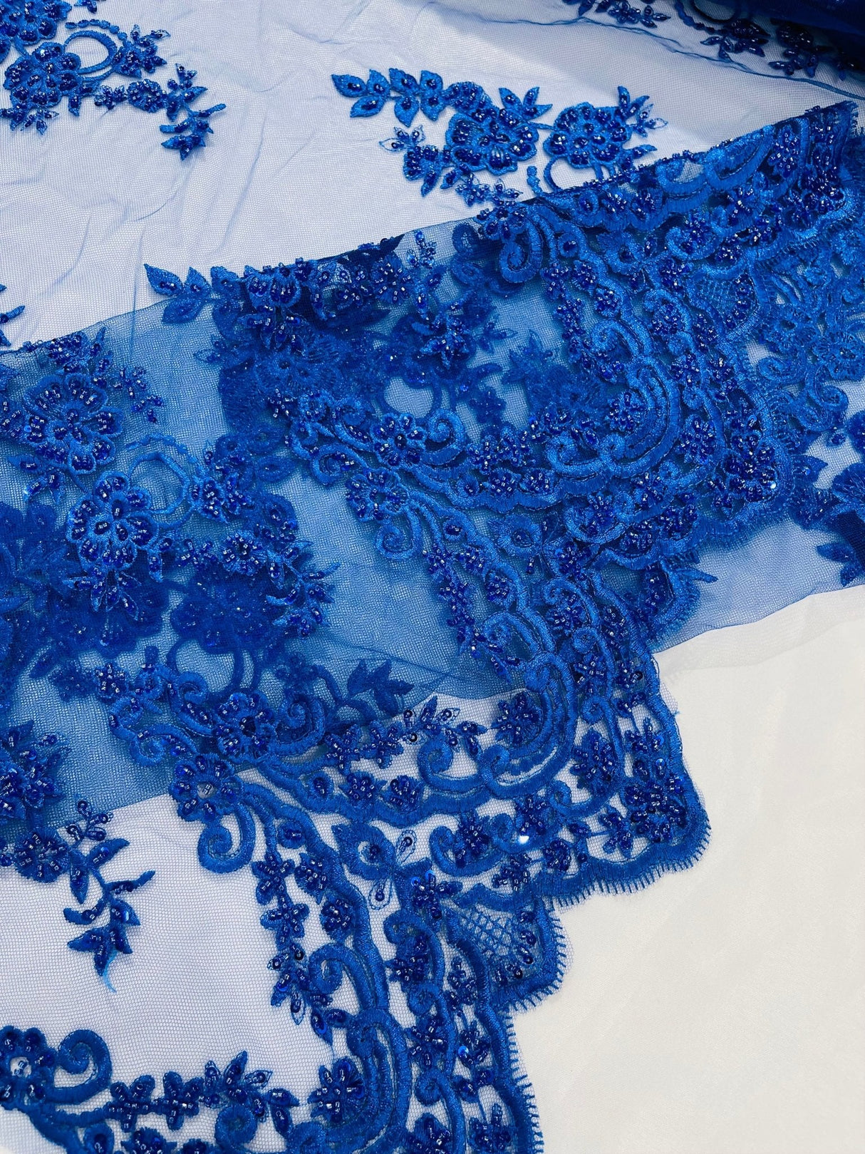Elegant Beaded Floral Lace On Mesh Beaded Lace Fabric - Floral, 54" Width (1 Yard)