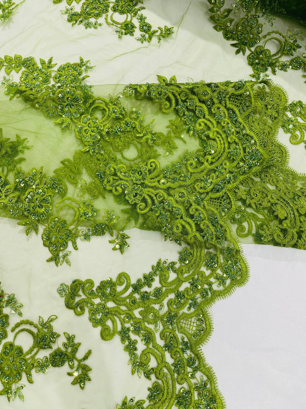 Elegant Beaded Floral Lace On Mesh Beaded Lace Fabric - Floral, 54" Width (1 Yard)