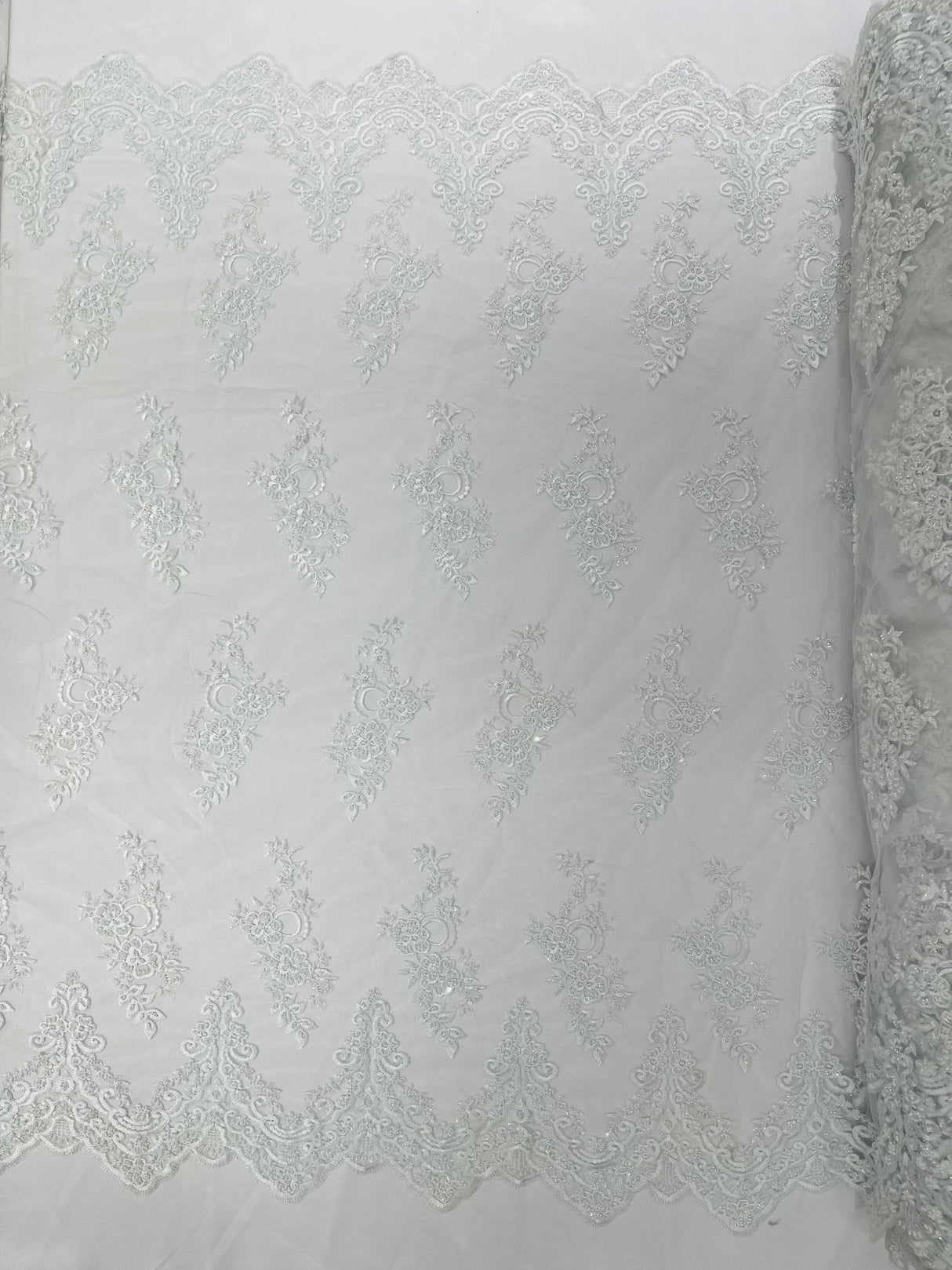 Elegant Beaded Floral Lace On Mesh Beaded Lace Fabric - Floral, 54" Width (1 Yard)