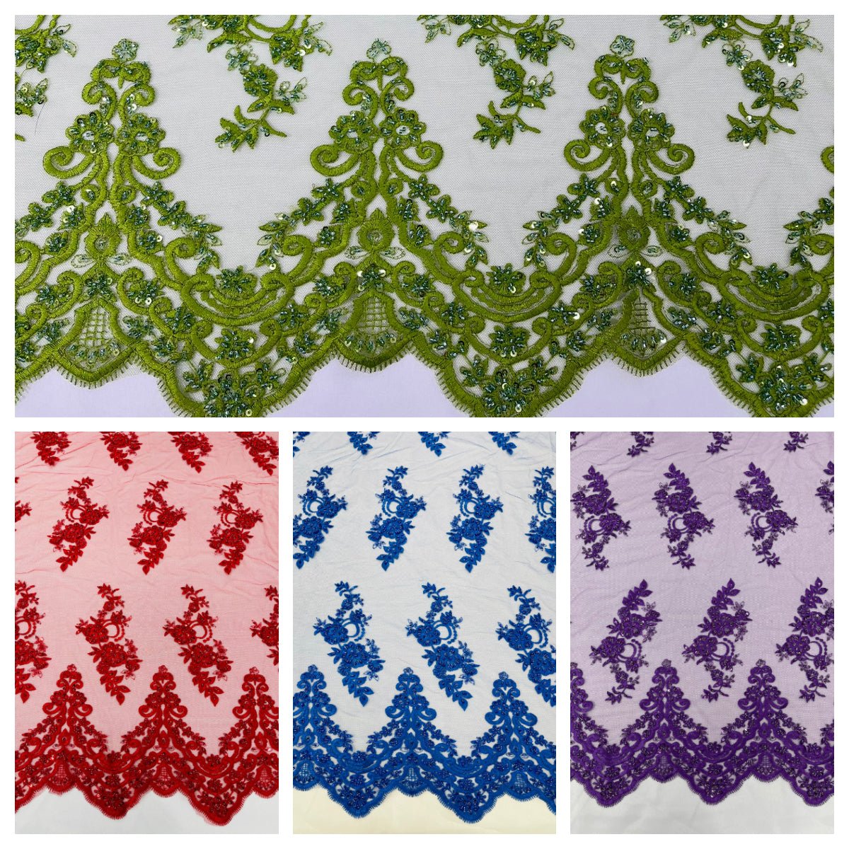 Elegant Beaded Floral Lace On Mesh Beaded Lace Fabric - Floral, 54" Width (1 Yard)