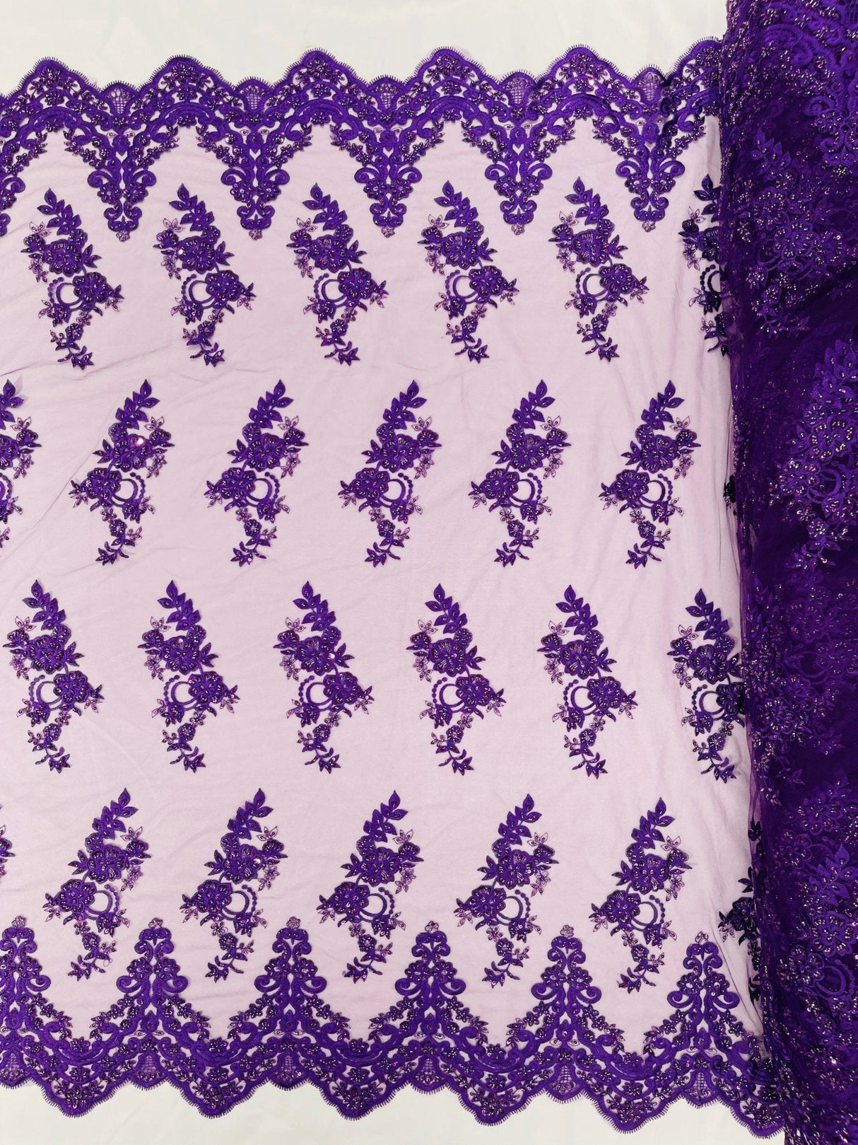 Elegant Beaded Floral Lace On Mesh Beaded Lace Fabric - Floral, 54" Width (1 Yard)