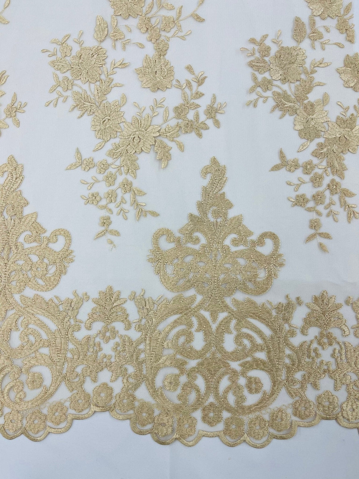 Elegant Floral Damask Flat Lace Polyester Fabric - Embroidered Mesh, 50-54" Width (1 Yard)