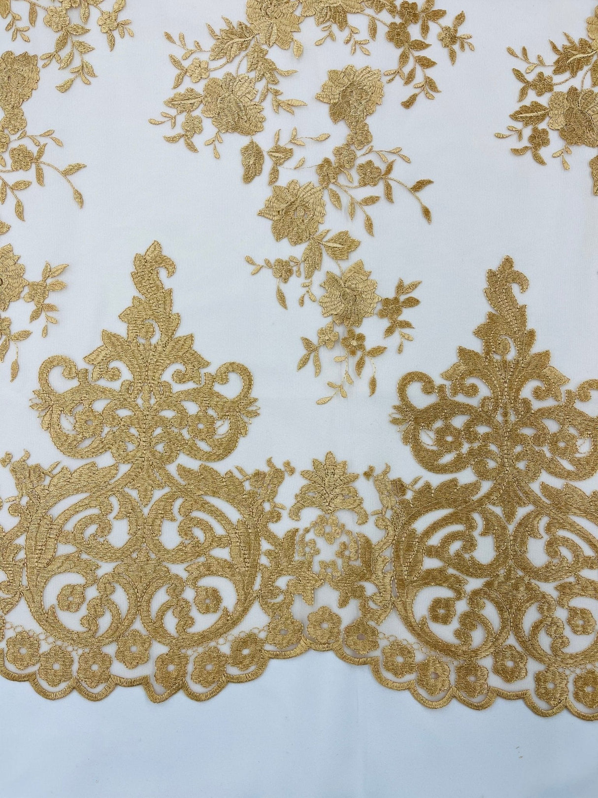 Elegant Floral Damask Flat Lace Polyester Fabric - Embroidered Mesh, 50-54" Width (1 Yard)