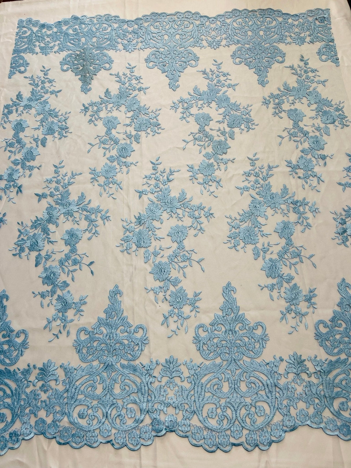 Elegant Floral Damask Flat Lace Polyester Fabric - Embroidered Mesh, 50-54" Width (1 Yard)