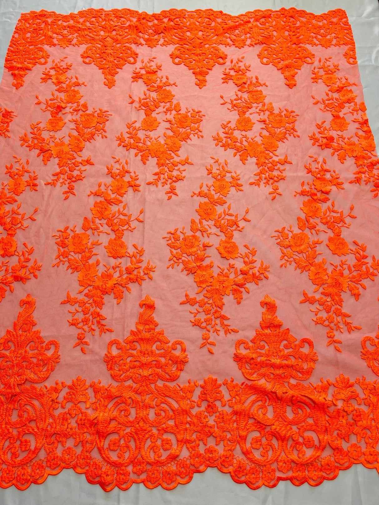 Elegant Floral Damask Flat Lace Polyester Fabric - Embroidered Mesh, 50-54" Width (1 Yard)