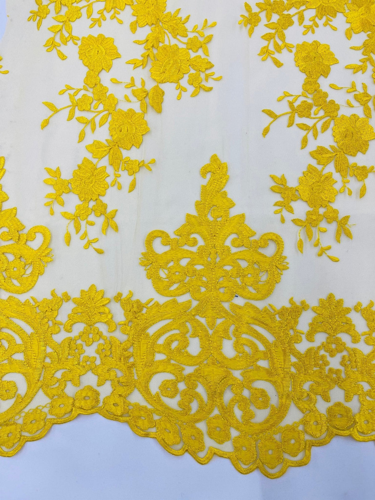 Elegant Floral Damask Flat Lace Polyester Fabric - Embroidered Mesh, 50-54" Width (1 Yard)