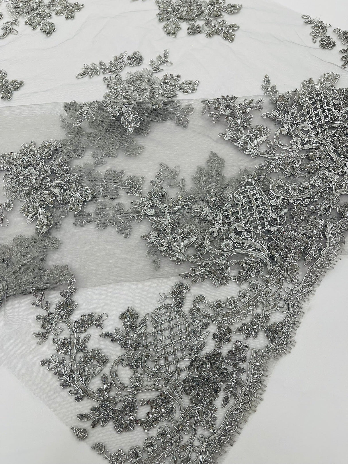 Eva Luxury Beaded Floral Lace Fabric - Black, Sage Green, Silver, Turquoise Floral Pattern, 54" Width (1 Yard)