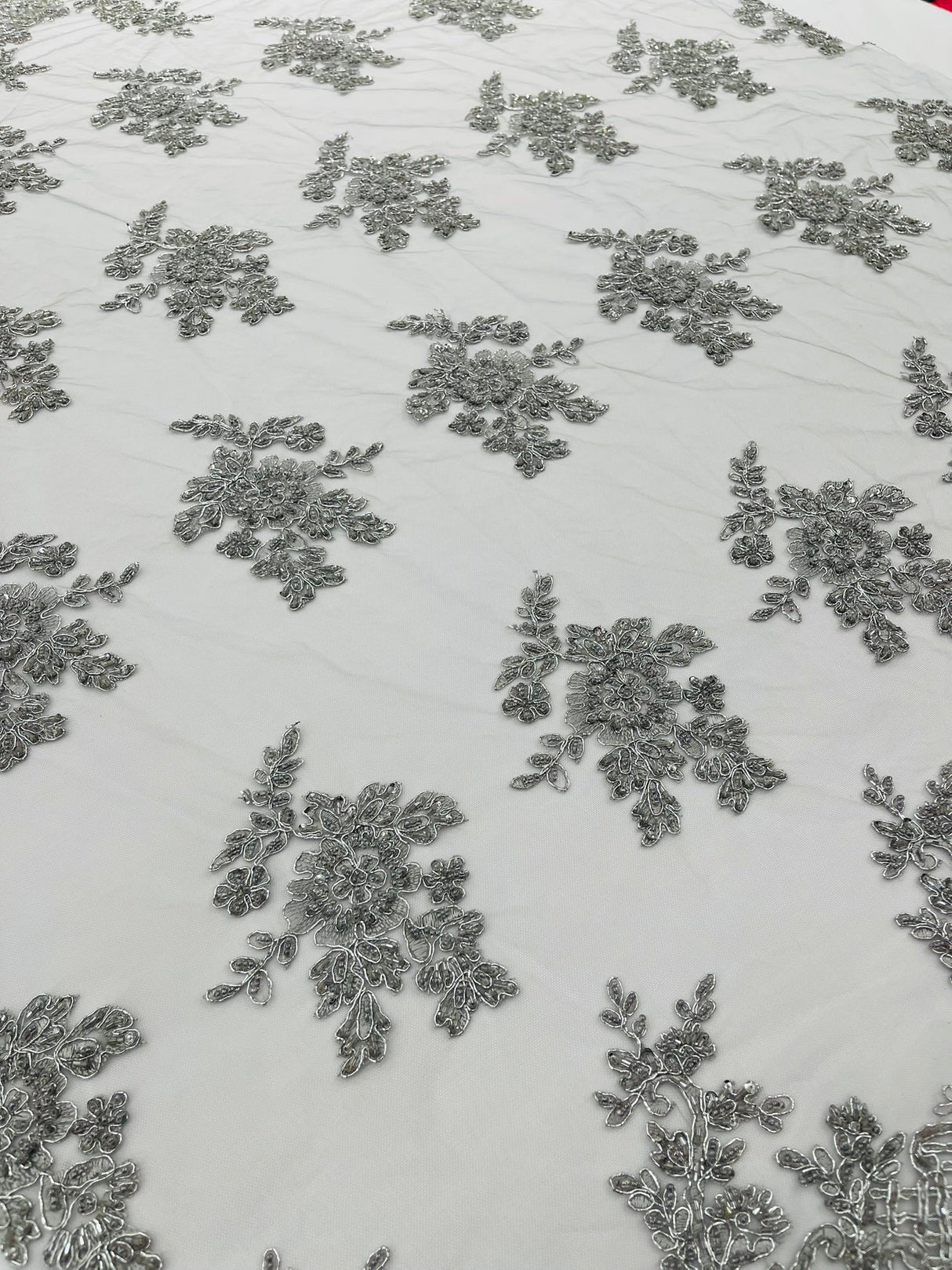 Eva Luxury Beaded Floral Lace Fabric - Black, Sage Green, Silver, Turquoise Floral Pattern, 54" Width (1 Yard)