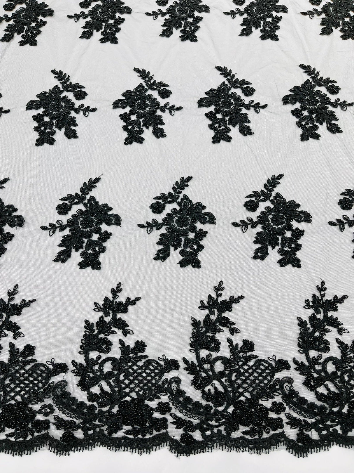 Eva Luxury Beaded Floral Lace Fabric - Black, Sage Green, Silver, Turquoise Floral Pattern, 54" Width (1 Yard)
