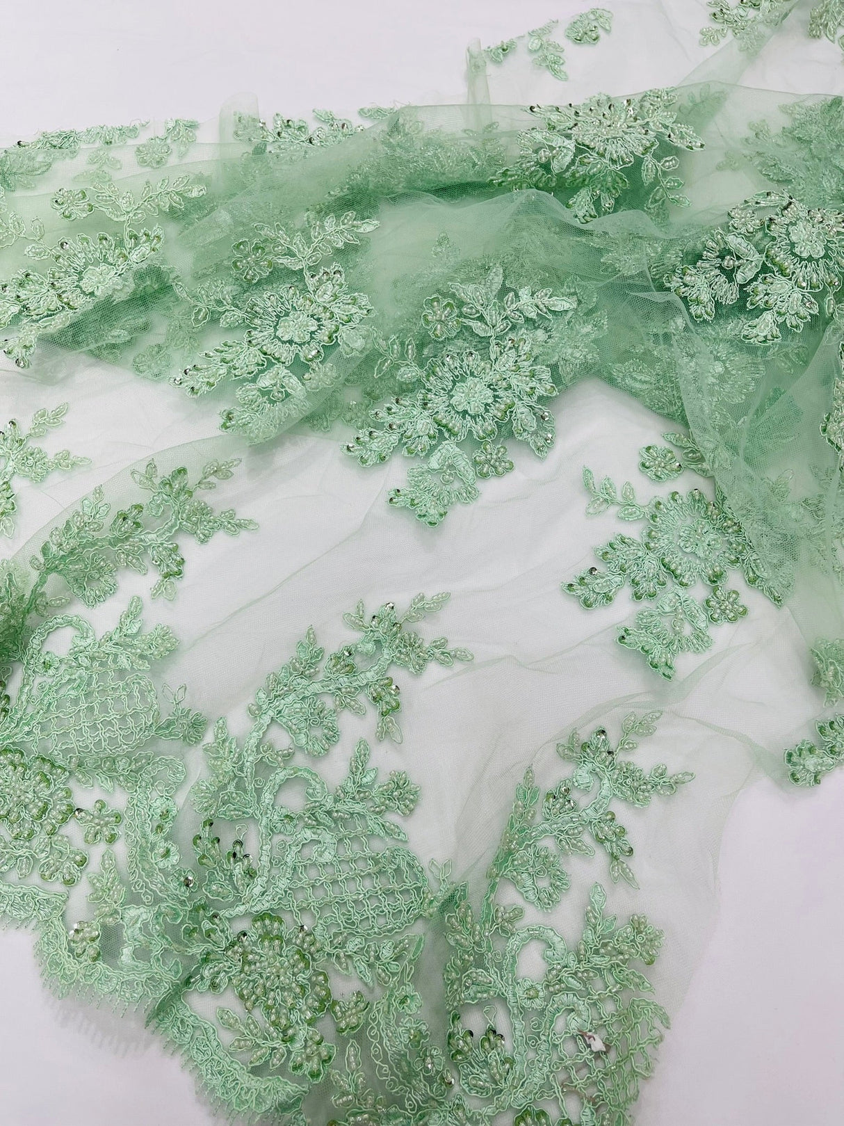 Eva Luxury Beaded Floral Lace Fabric - Black, Sage Green, Silver, Turquoise Floral Pattern, 54" Width (1 Yard)