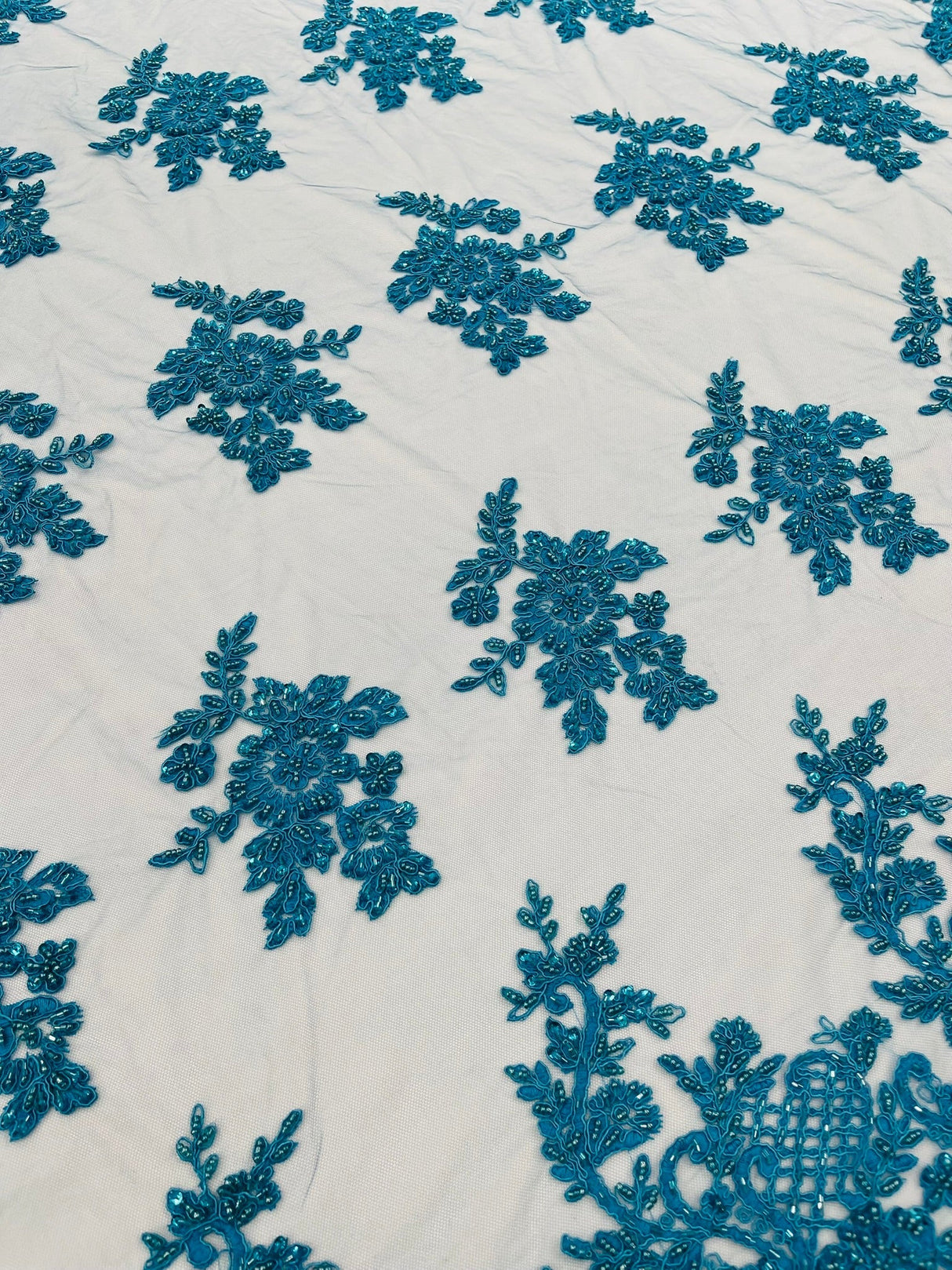 Eva Luxury Beaded Floral Lace Fabric - Black, Sage Green, Silver, Turquoise Floral Pattern, 54" Width (1 Yard)