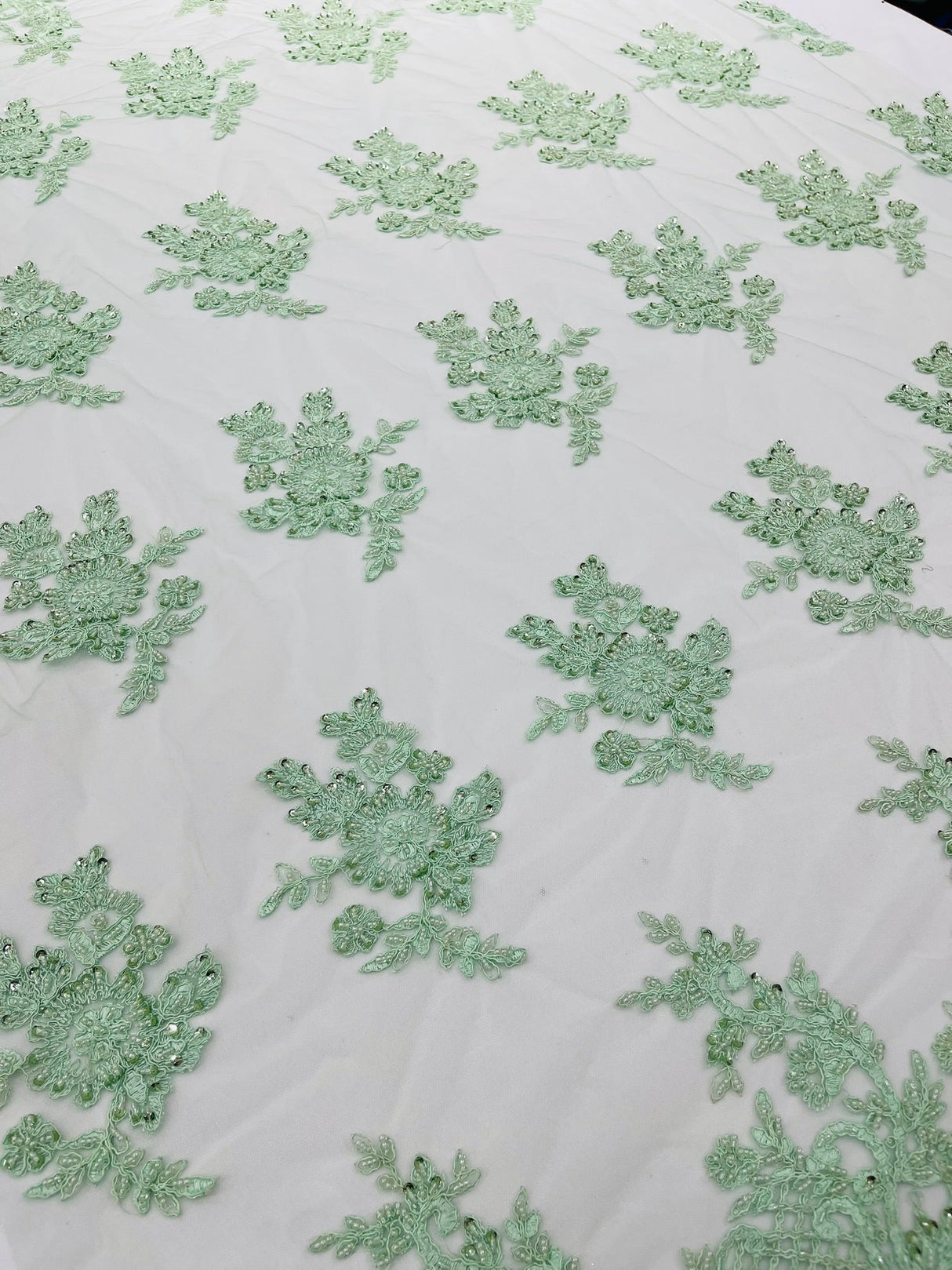 Eva Luxury Beaded Floral Lace Fabric - Black, Sage Green, Silver, Turquoise Floral Pattern, 54" Width (1 Yard)
