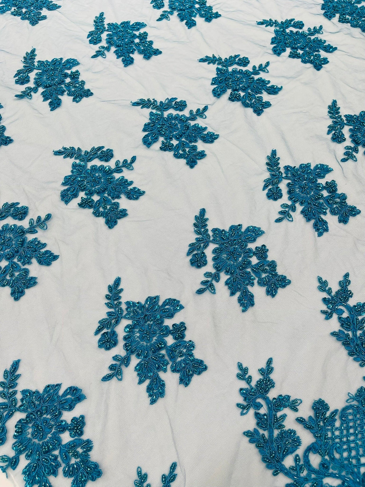Eva Luxury Beaded Floral Lace Fabric - Black, Sage Green, Silver, Turquoise Floral Pattern, 54" Width (1 Yard)