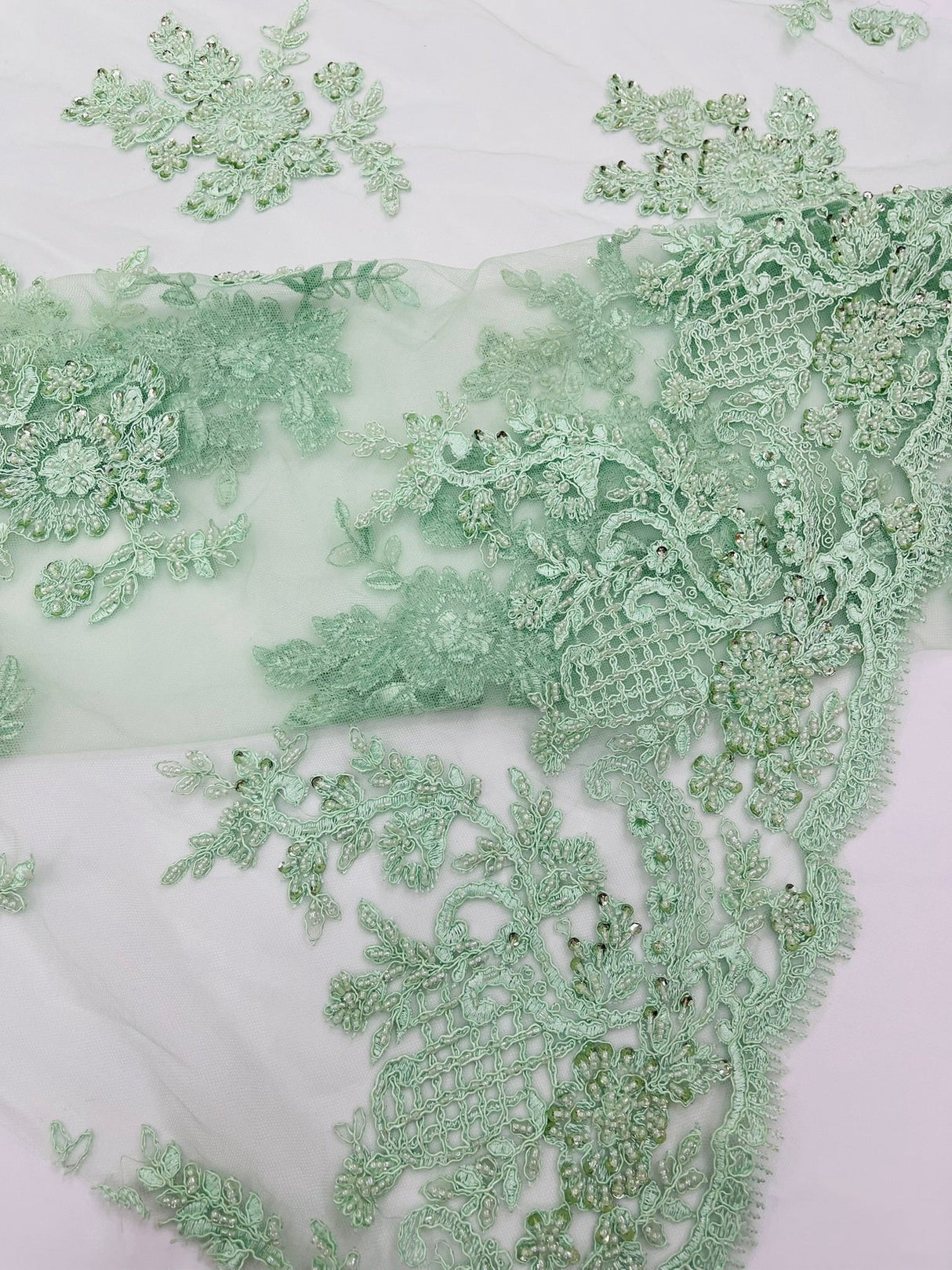 Eva Luxury Beaded Floral Lace Fabric - Black, Sage Green, Silver, Turquoise Floral Pattern, 54" Width (1 Yard)