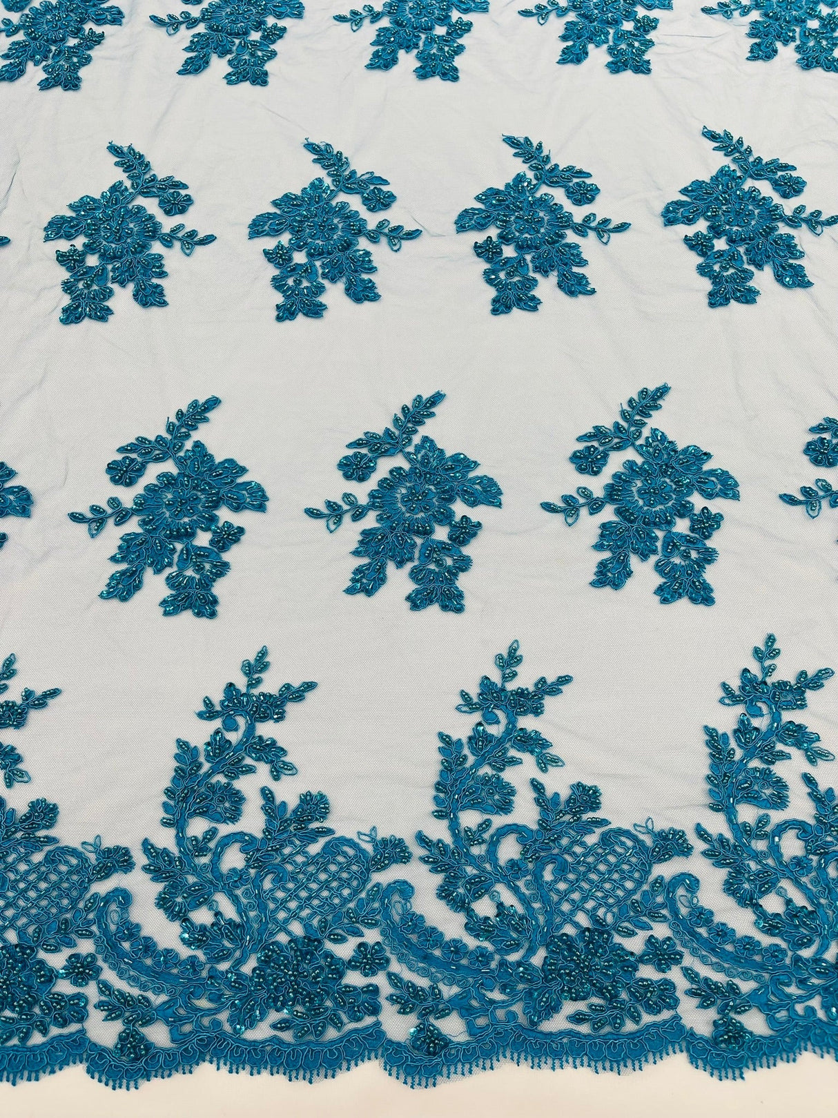 Eva Luxury Beaded Floral Lace Fabric - Black, Sage Green, Silver, Turquoise Floral Pattern, 54" Width (1 Yard)