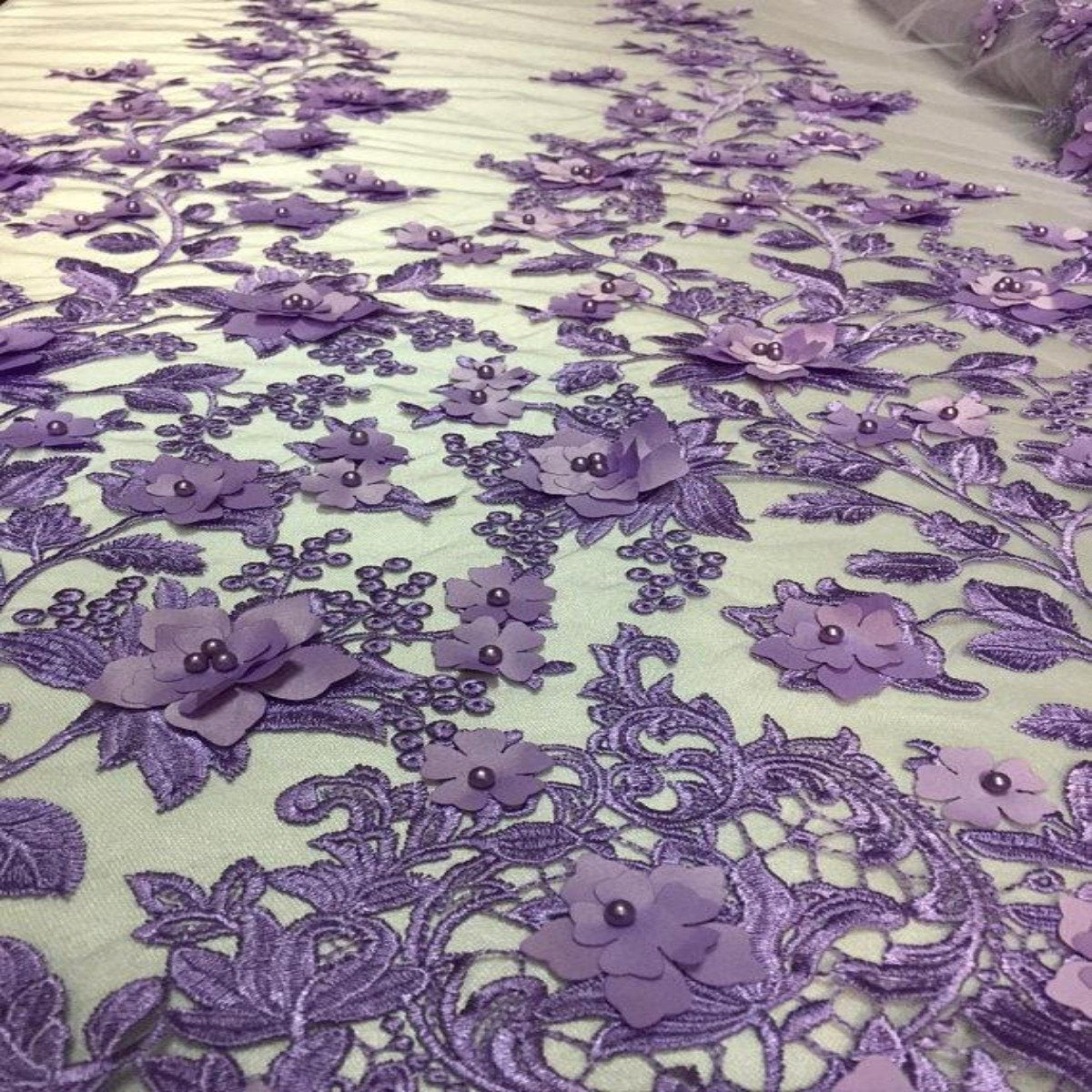 3D Embroidered Satin Floral Pearl Lace Fabric - 100 Percent Polyester Fabric, Floral Pearl Embroidery, 52" Width, 12" Panel (1 Yard)